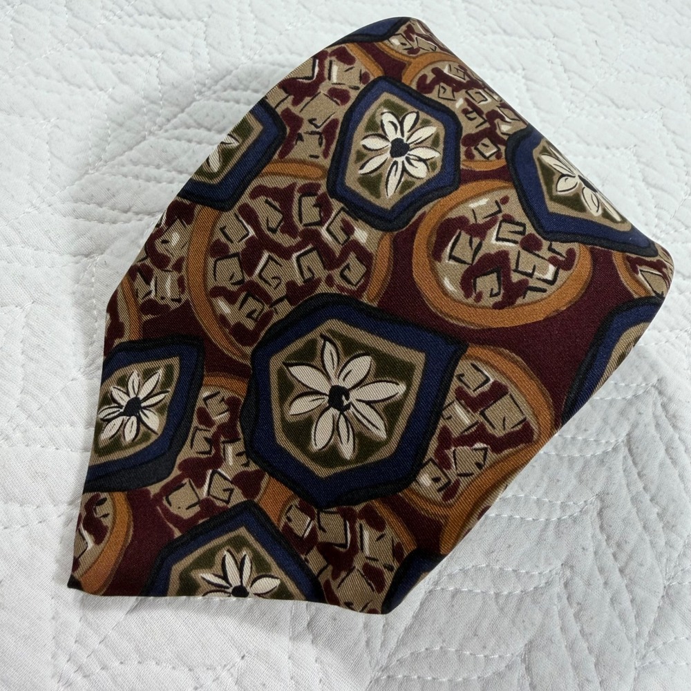 Robert Talbott Mens 100% Silk Tie Geometric‎ Floral Burgundy Gold Blue USA Made
